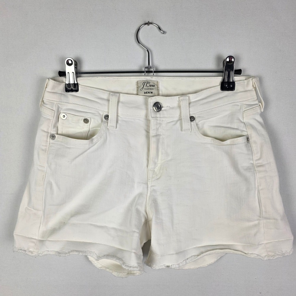 J.Crew White Denim Shorts Raw Hem Size 25 Cotton Blend Mid Rise Five Pocket